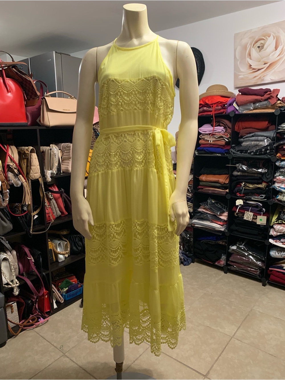 Listicle Bright Yellow Lace Tiered Midi Dress with Waist Tie